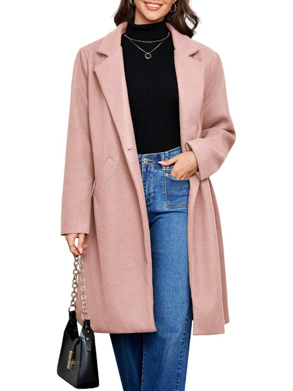 Women's Pink Notch Lapel Single Breasted Winter Knee Length With Pocket Peacoat